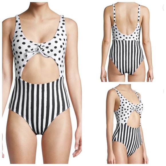 Pin-Up Polka Dot Striped Tie Front Keyhole Cheeky 1-Pc Swimsuit XL White Black - Picture 1 of 16